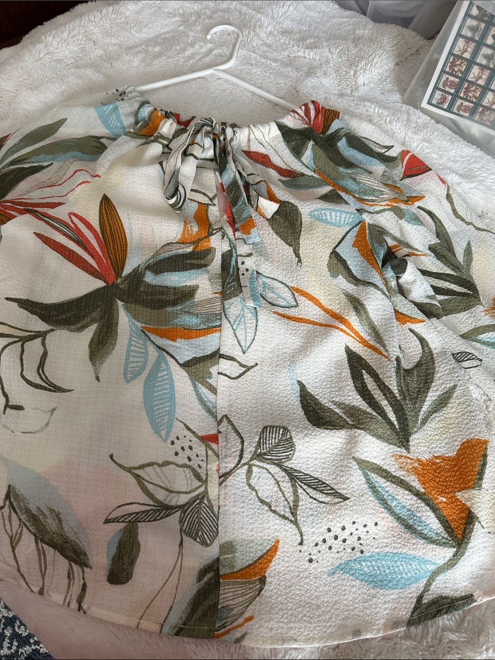 Women's Cream Botanical Tie-Neck Blouse with Green & Orange Leaf Print